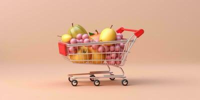 Shopping trolley with fruits in a convenience store, AI Generated photo