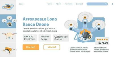 Affordable long range drone, website page shop vector