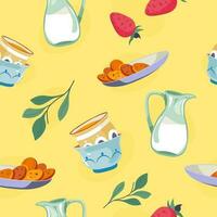 Milk and cookies, tasty homemade sweets pattern vector