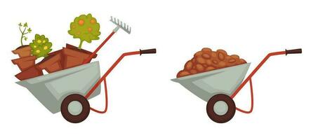 Wheelbarrow with gardening tools and instruments vector