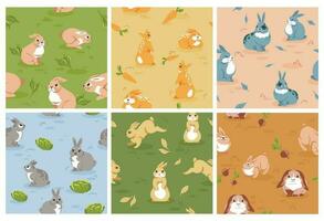 Decorative pattern set with cute rabbits character vector