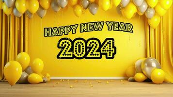 glücklich Neu Jahr 2024 Gelb Hintergrund und Ballon video
