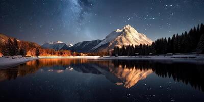 Generative AI illustration of starry night, professional landscape photography, winter landscape mountains photo