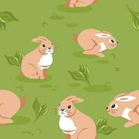 Field with sitting and leaping bunnies and rabbits vector