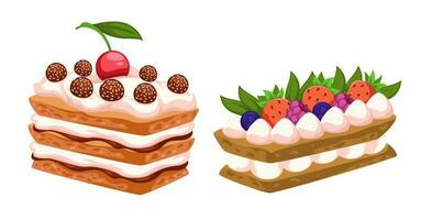 Sweets cake with mousse and cream fruits decor vector