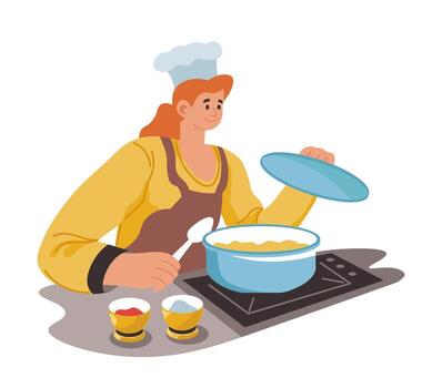 Cocinando sopa, profesional cocinar molesto comida vector
