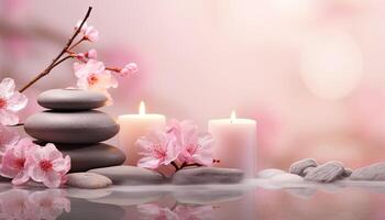 Generative AI illustration of zen relaxation spa. Beauty salon and massage atmosphere. Banner with sakura cherry blossoms, candles and stacked stones. Calm and relaxing atmosphere photo