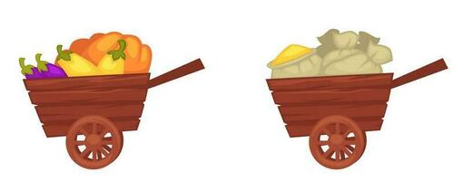 Wheelbarrows with eggplants and grain, harvesting vector