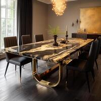 A dining table with chairs and a chandelier. photo