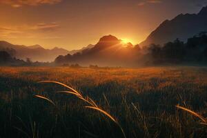 A field of grass with mountains in the background. Generative AI photo