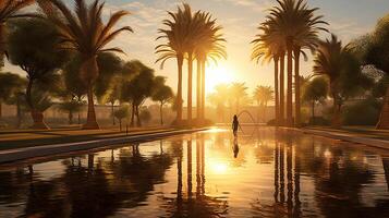A person walking on a path with palm trees. photo