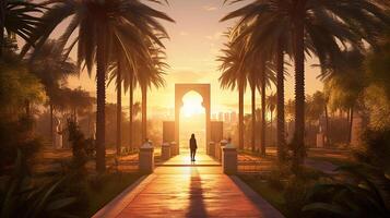 A man walks through a palm tree-lined walkway with a sunset in the background. photo