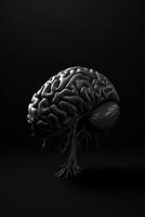 A black-and-white image of a human brain with a plant in the middle. photo