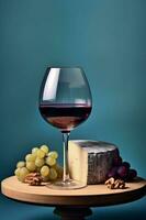 A glass of wine next to grapes and cheese. Generative AI photo