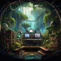A room with a computer and a tree with a large window in the background. photo