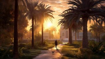A person fishing in a pool with palm trees. photo