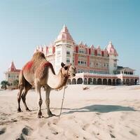 A camel walking on the beach. photo