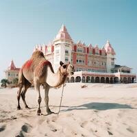 A camel walking on the beach. Generative AI photo