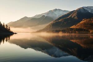 A lake with mountains in the background. Generative AI photo