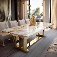 A room with a marble table and chairs. photo
