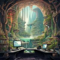 A painting of a cave with a computer and a monitor with a waterfall in the background. photo