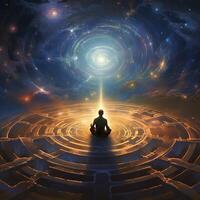 A man sits in space with a star in the sky and the words the universe . photo