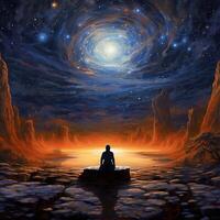 A man sits in front of a planet with a star in the sky. photo