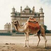 A camel walking on the beach. Generative AI photo