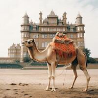 A camel walking on the beach. photo