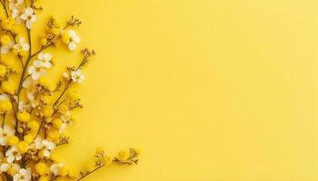 Generative AI illustration of many small beautiful yellow flower blossoms on yellow pastel background with copy space photo