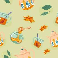 Tea with natural honey and spices, pattern print vector