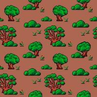 Forest or woods with trees and bushes, pixel art vector