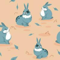 Cute bunnies and rabbits on field, pattern print vector