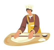 Cook with rolling pins working on pizza dough vector