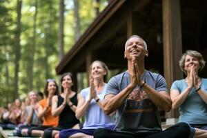 Generative AI illustration of group of mature men and women in class at outdoor yoga retreat photo