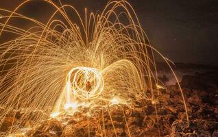 The beautiful burning steel wool at the beach. photo