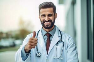 Generative AI illustration of handsome Arabian doctor with stethoscope in white coat showing thumb up on blue background photo