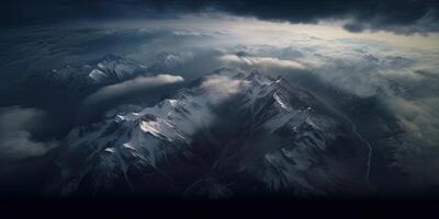 illustration of view from sky, snow mountains of dark age, rain, fog, dramatic and stunning landscape, dramatic linear delicacy photo