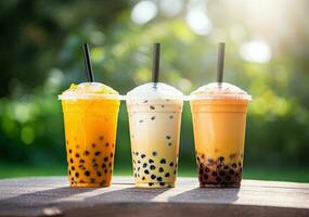 Generative AI illustration of product photo of 3 plastic cups of boba milk tea, with bubbles, fun, blurry outdoor and nature background