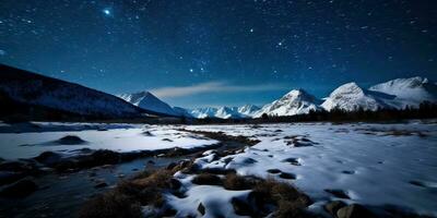 Generative AI illustration of starry night, professional landscape photography, winter landscape mountains photo