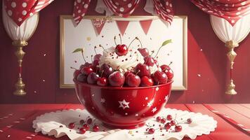 Cherries Jubilee Delight A Whimsical Celebration in Colorful Confetti. AI Generated. photo