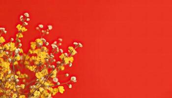 Generative AI illustration of many small beautiful yellow flower blossoms on red pastel background with copy space. photo