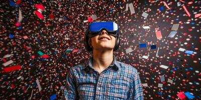 Generative AI illustration of teen boy wearing an augmented reality headset showing confetti celebrating 4th of July, American flag background photo