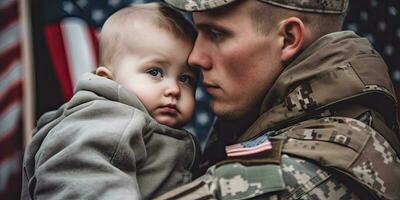 Generative AI illustration of American Male soldier with a little children. Concept National holidays, Flag Day, Veterans Day, Memorial Day, Independence Day, Patriot Day photo