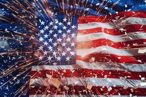 Generative AI illustration of united states of america Flag, usa flag, fireworks and bokeh background. Concept National holidays, Flag Day, Veterans Day, Memorial Day, Independence Day, Patriot Day photo