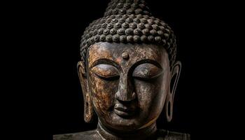 Generative AI illustration of rock and wooden buddha statue on black background photo