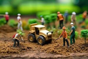 Generative AI illustration of miniature people, team farmer work with concept agriculture, business concept photo