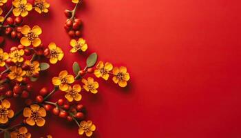 Generative AI illustration of many small beautiful yellow flower blossoms on red pastel background with copy space. photo