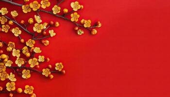illustration of many small beautiful yellow flower blossoms on red pastel background with copy space. photo