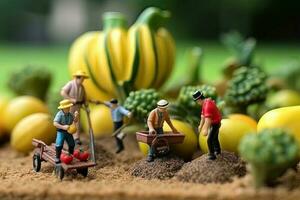 Generative AI illustration of miniature people, team farmer work with concept agriculture, business concept photo